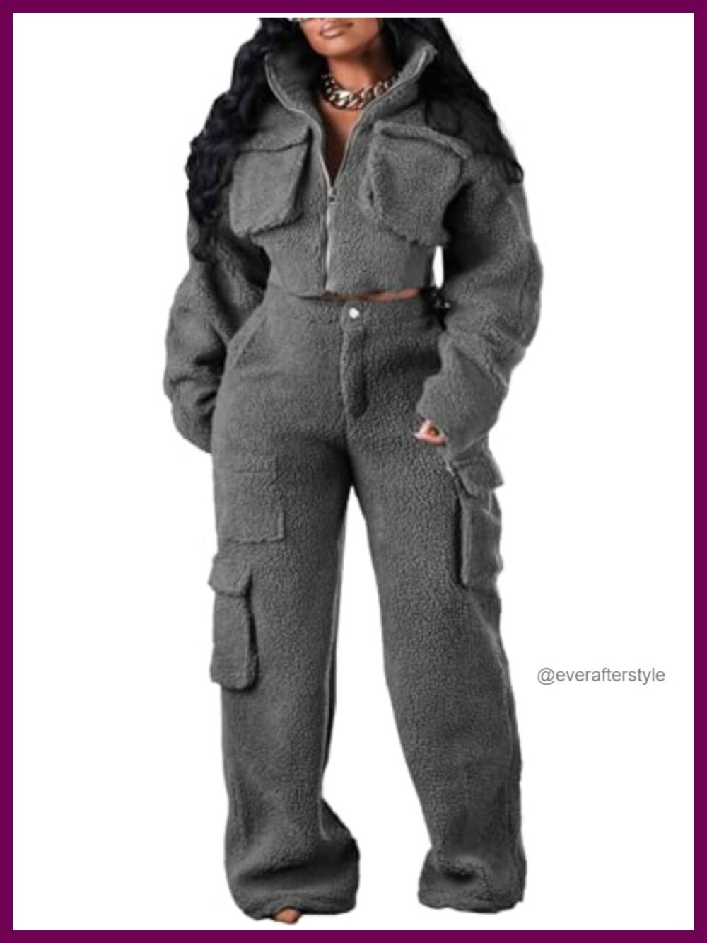 Sherpa Fleece 2 Piece Sweatsuit Set Crop Zip Jacket Cargo Pants Pockets